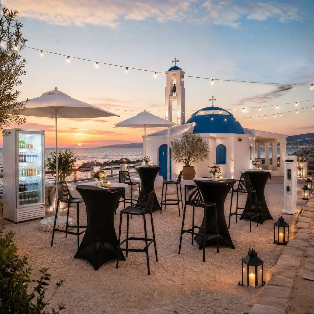 wedding-tall-tables-with-black-covers-high-stools-white-umbrellas wedding, tall tables with black covers and high stools with white umbrellas